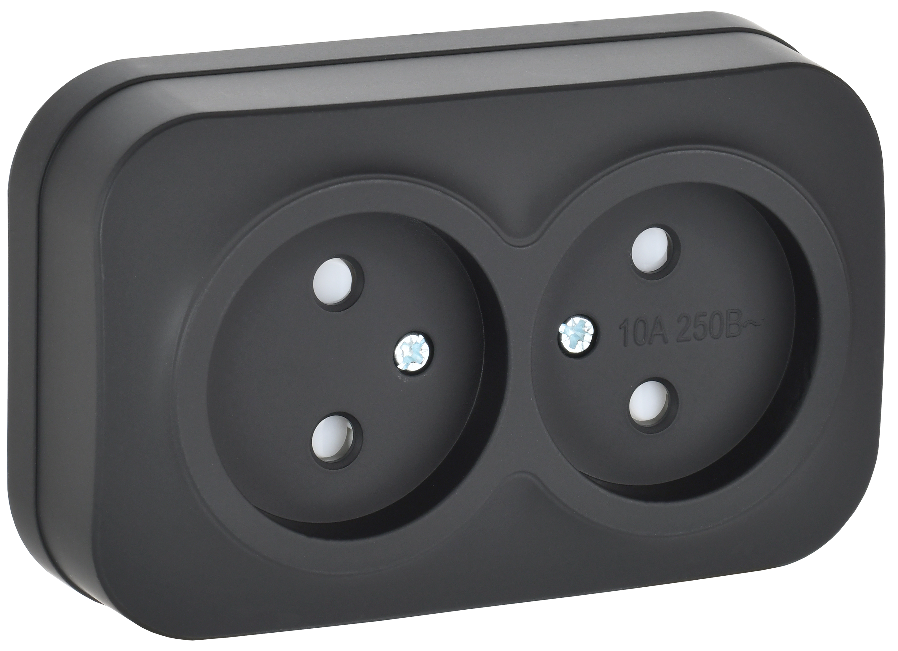 GLORY Розетка 2-местная для открытой установки без заземления с защитными шторками 10А РСш22-2-ХЧм черный матовый IEK ERH23-K02M-10