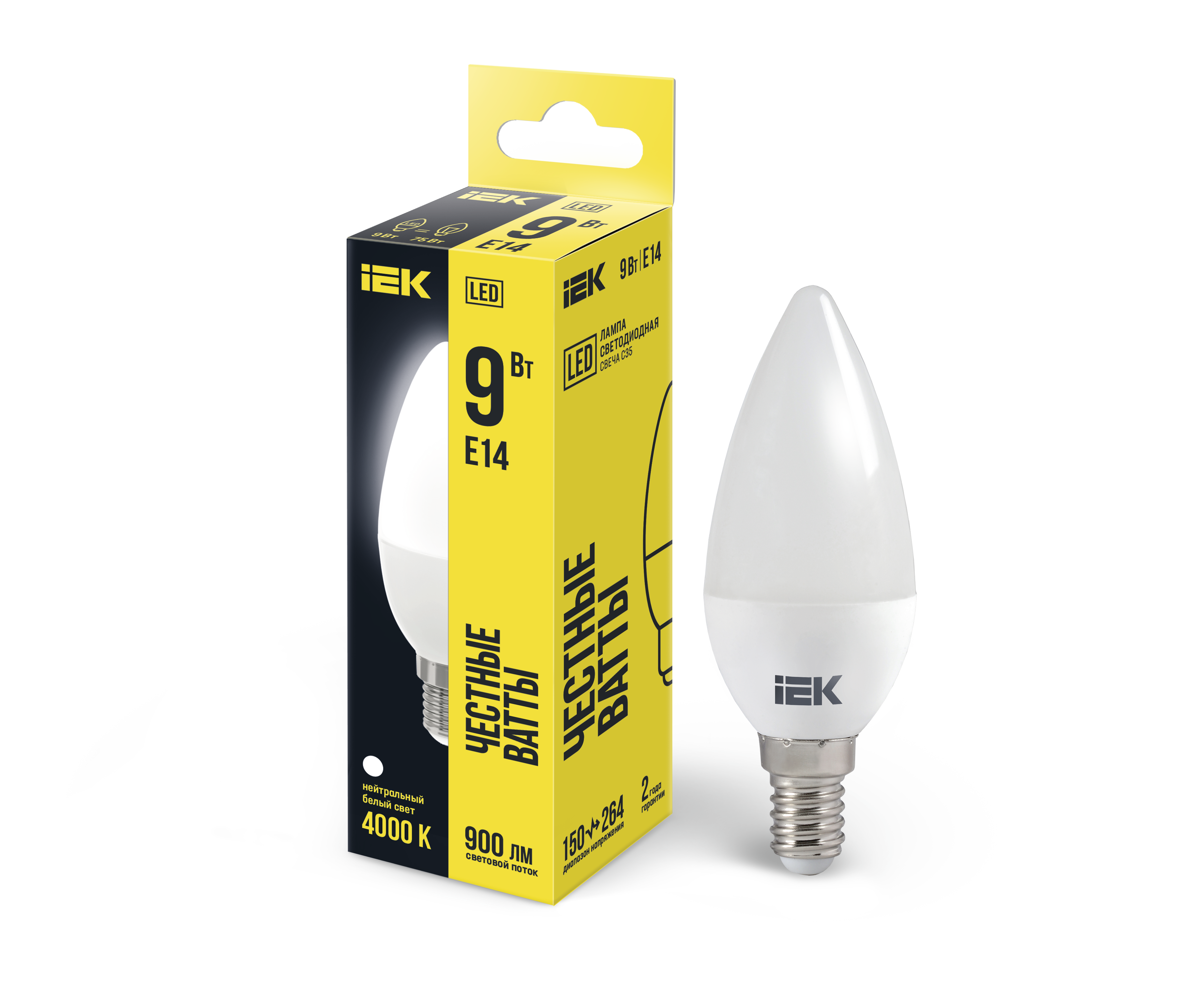 Лампа светодиодная C35 свеча 9Вт 230В 4000К E14 IEK LLE-C35-9-230-40-E14