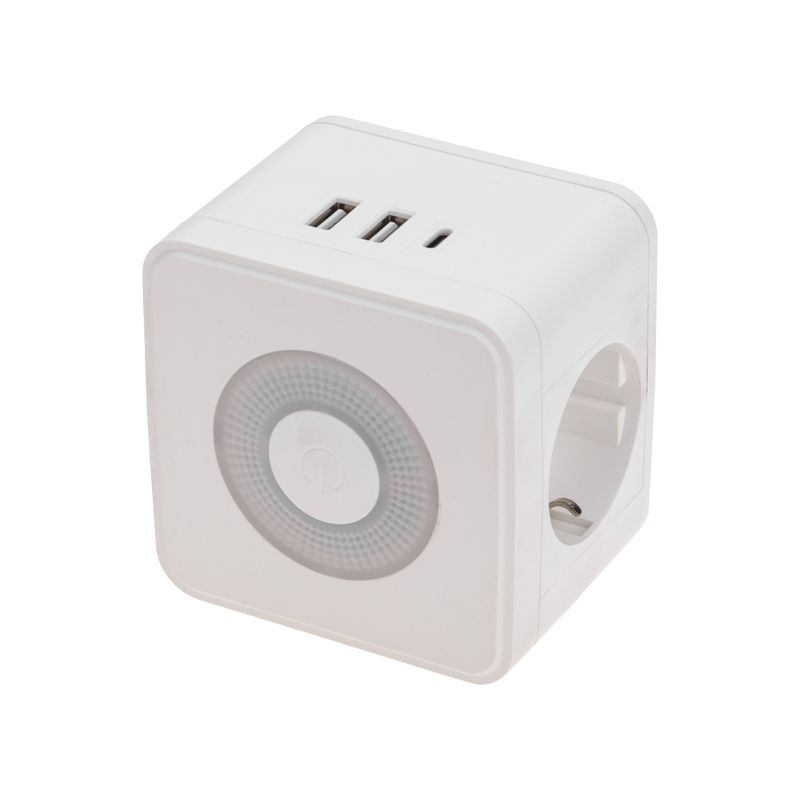 Двойник электрический Куб 16А с/з + 2хUSB-A 2,4А + USB Type-C 3А с ночной подсветкой, белый REXANT