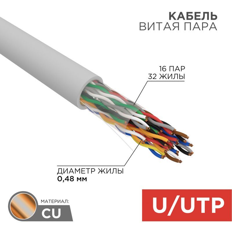 Кабель витая пара U/UTP, CAT 5, PVC, 16PR, 24AWG, INDOOR, SOLID, серый, 305м, REXANT 01-1012