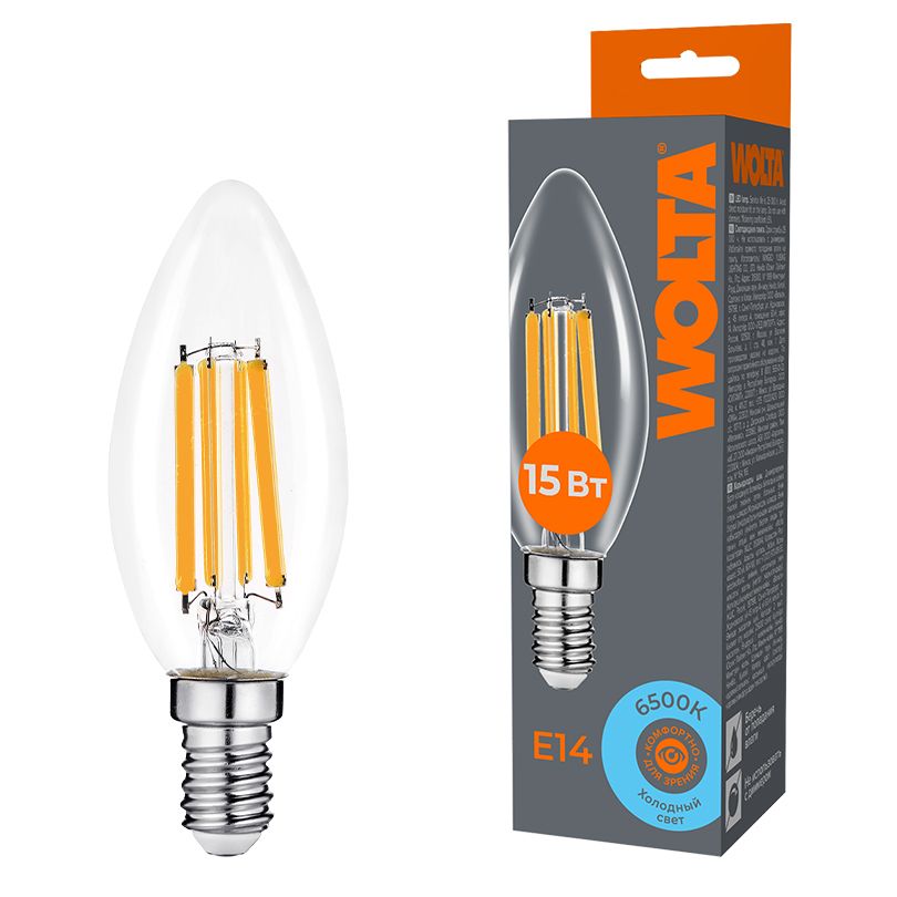 Светодиодная лампа WOLTA Filament, AC 220-240В, 50/60 Гц, прозрачное стекло, "Свеча", C35, E14, 15 Вт, 1200 лм, 6500 К, 1/10/100