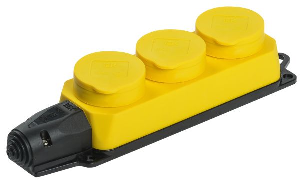 Розетка (колодка) 3-местная РБ33-1-0м с защитными крышками IP44 ОМЕГА каучук жёлтая IEK PKR61-016-2-K05