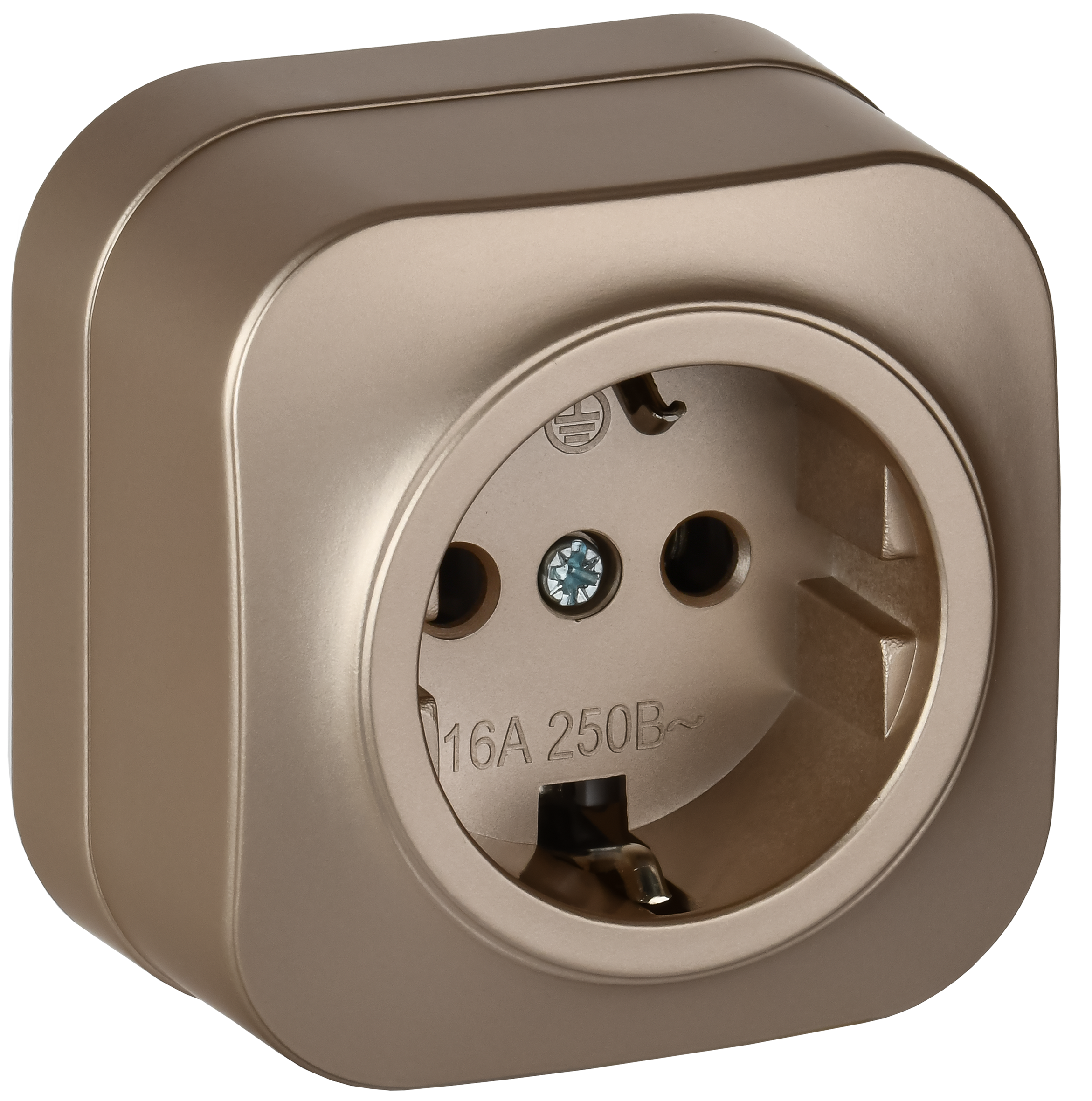 GLORY Розетка 1-местная для открытой установки с заземлением без защитных шторок 16А РС20-3-ХШм шампань матовый IEK ERH11-K37M-16