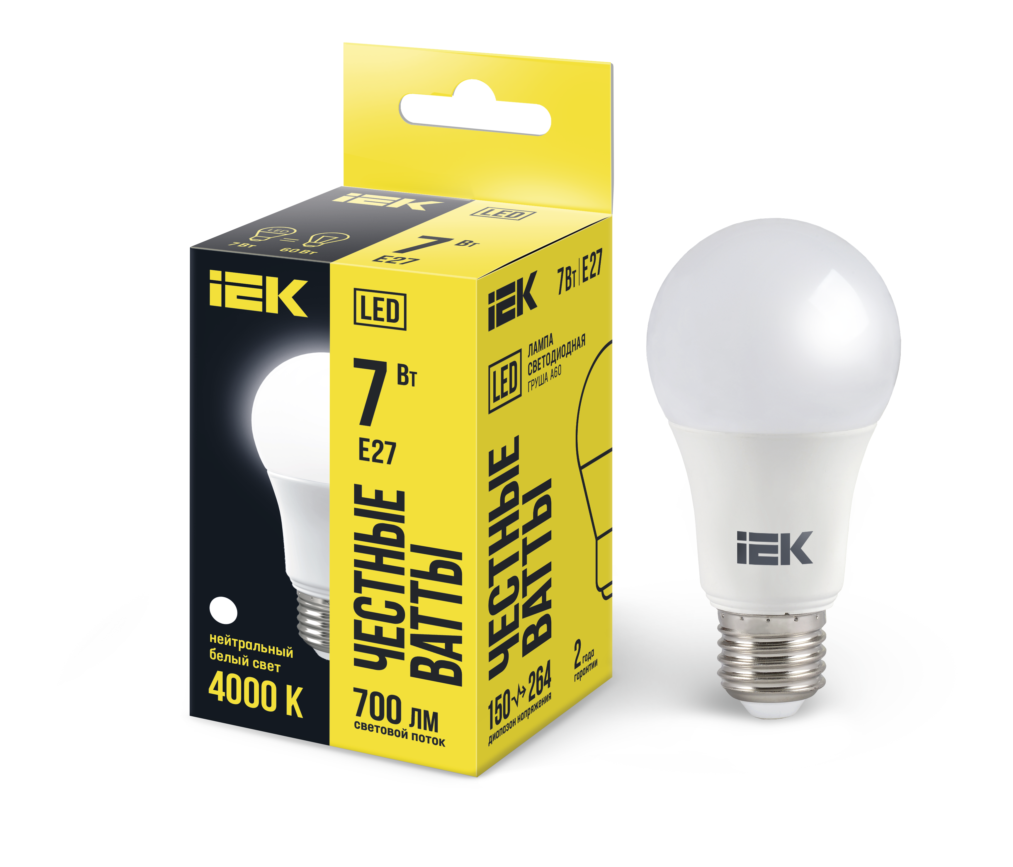 Лампа светодиодная A60 груша 7Вт 230В 4000К E27 IEK LLE-A60-7-230-40-E27