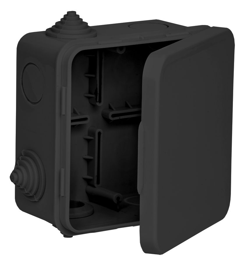 Коробка распаячная КМ41256 для открытой проводки с откидной крышкой безгалогенная (HF) 100х100х50мм IP54 8 гермовводов черная (RAL 9005) IEK UKO31-100-100-050-K02-54