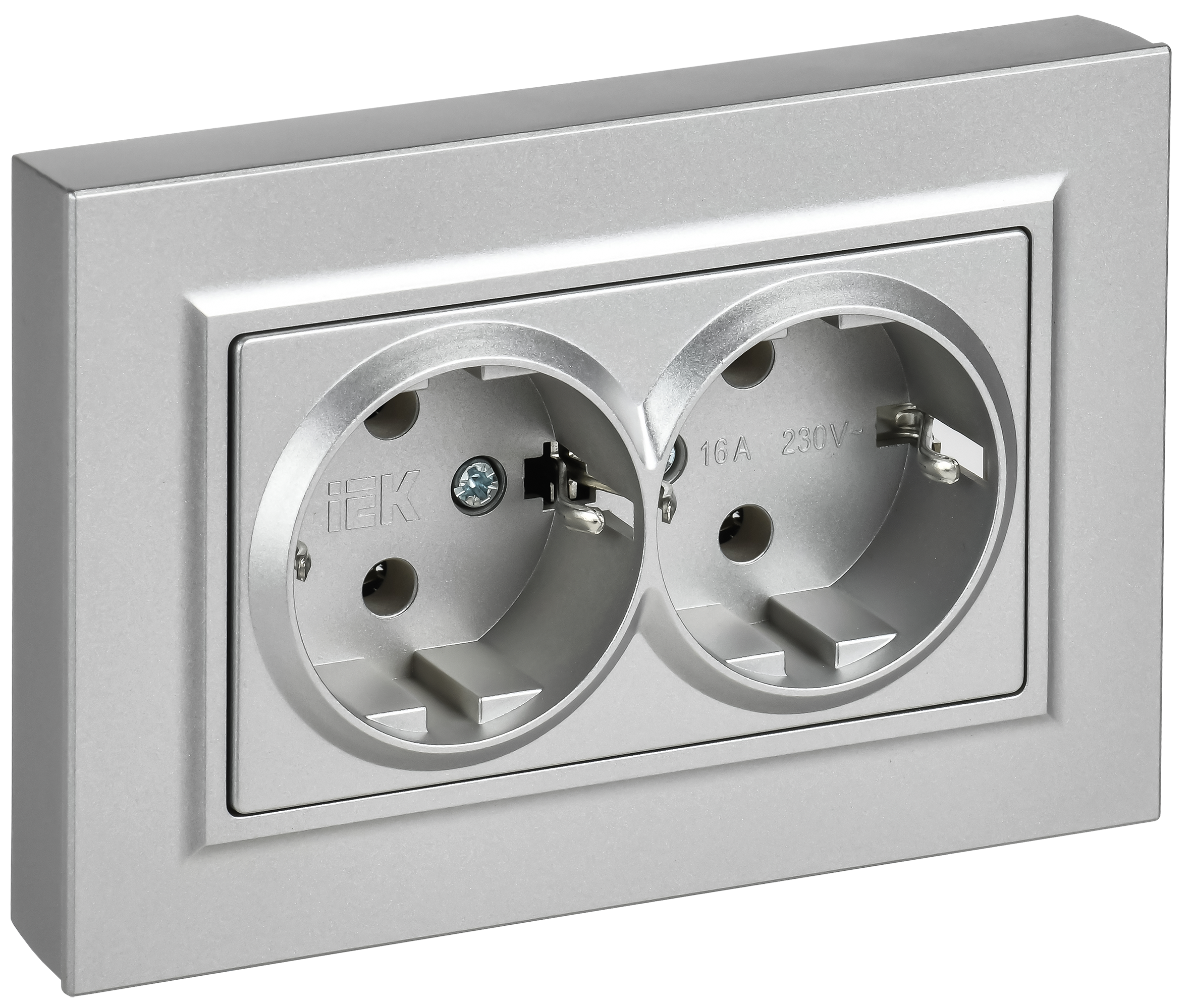 BRITE Розетка 2-местная с заземлением без защитных шторок плоская 16А в сборе РСПл12-3-БрА алюминий IEK BR-R27-16-K47-F