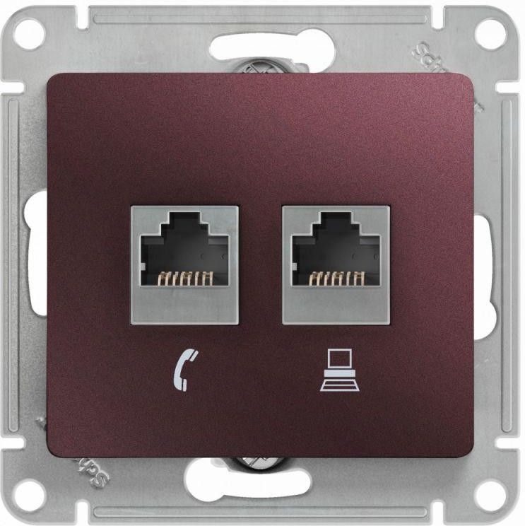 Розетка компьютерная + телефонная 2-м Glossa RJ45 + RJ11 кат.5E механизм баклажан. SE GSL001185