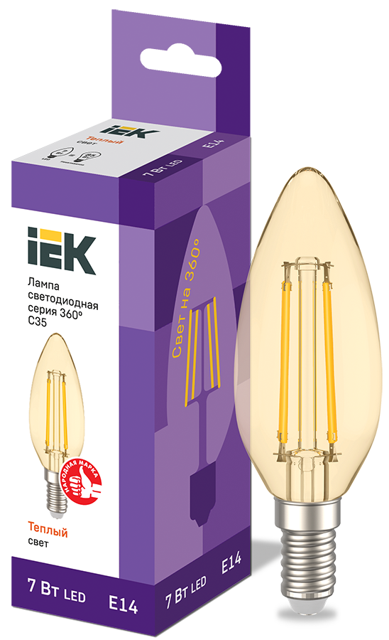 Лампа светодиодная C35 свеча золото 7Вт 230В 2700К E14 серия 360° IEK LLF-C35-7-230-30-E14-CLG