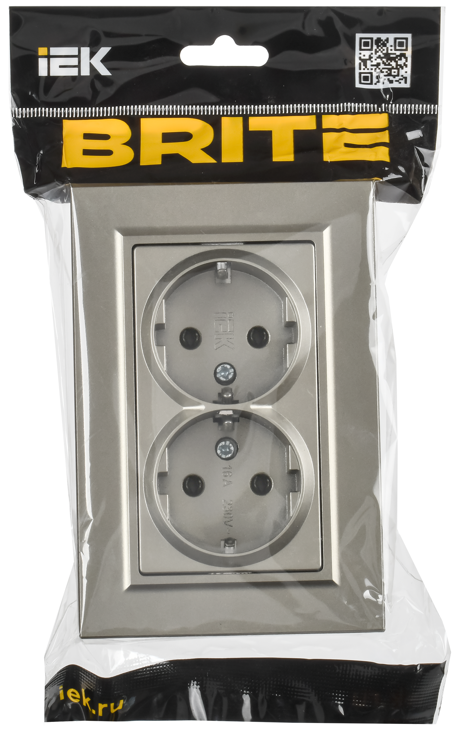 BRITE Розетка 2-местная с заземлением без защитных шторок плоская 16А в сборе РСПл12-3-БрШ шампань IEK - Фото 2