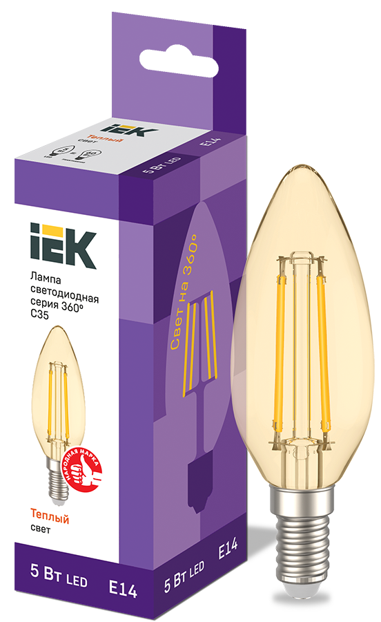 Лампа светодиодная C35 свеча золото 5Вт 230В 2700К E14 серия 360° IEK LLF-C35-5-230-30-E14-CLG