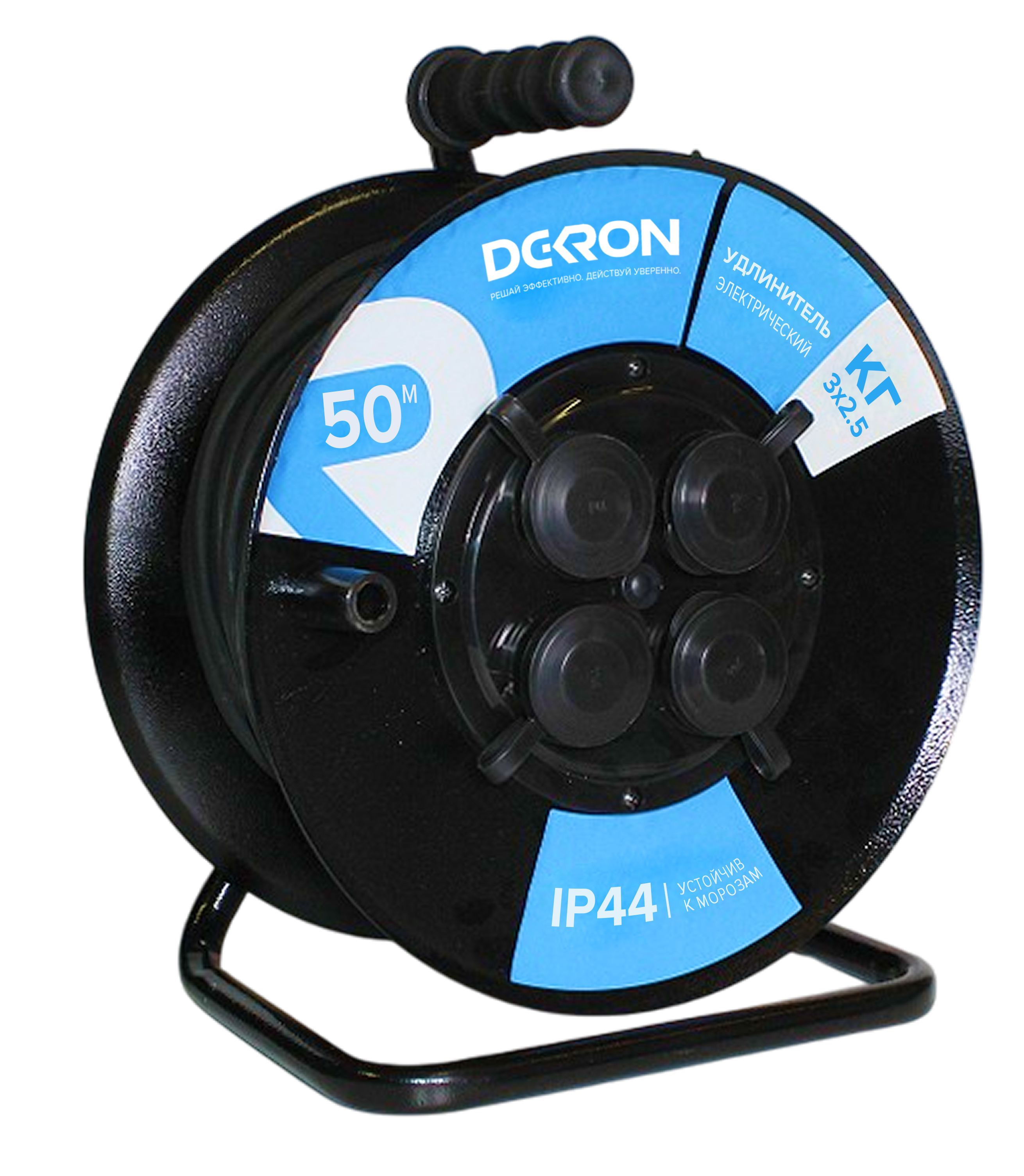 Удлинитель УКП-44 силовой на катушке 4 гн. ПВС 3х2,5 IP44 с/з 50м с автоматом защиты (катушка пластик) 16А 3500Вт DEK0961-0010