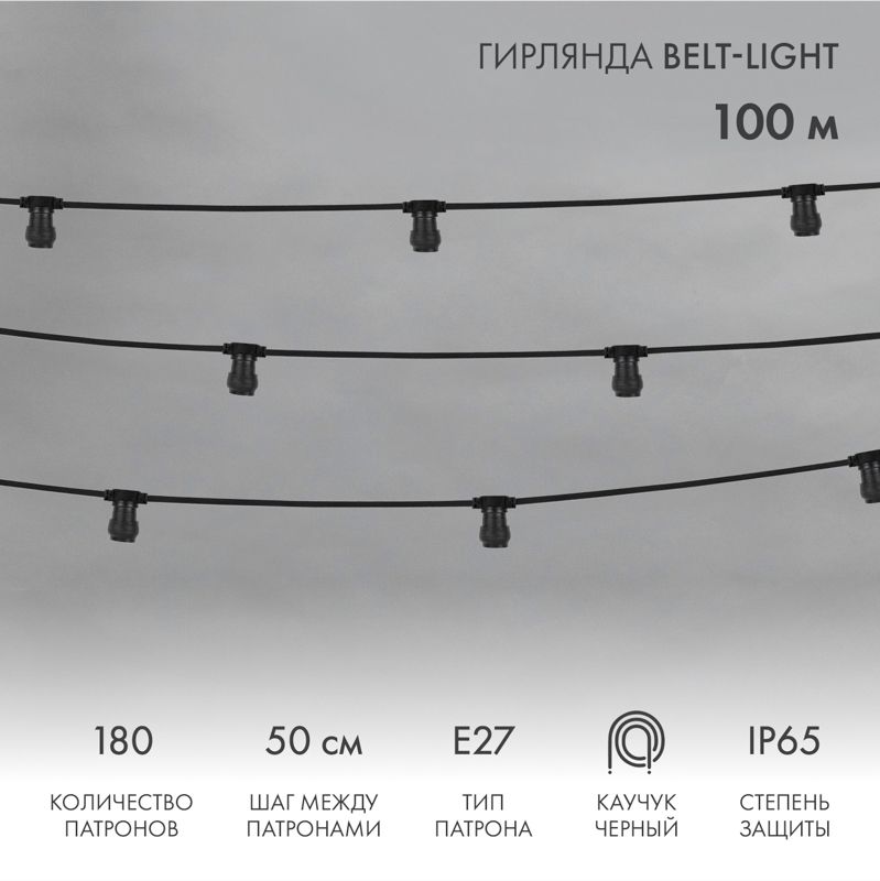Гирлянда Belt-Light 2 жилы, 100м, шаг 50см, 180 патронов E27, IP65, черный провод NEON-NIGHT 331-213