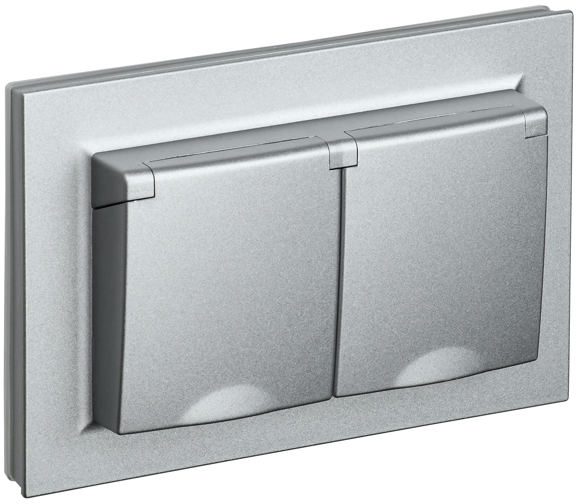 BRITE Розетка 2-местная с заземлением с защитными шторками и крышкой 16А в сборе IP44 РСбш12-3-44-БрА алюминий IEK BR-R26-16-44-K47-F