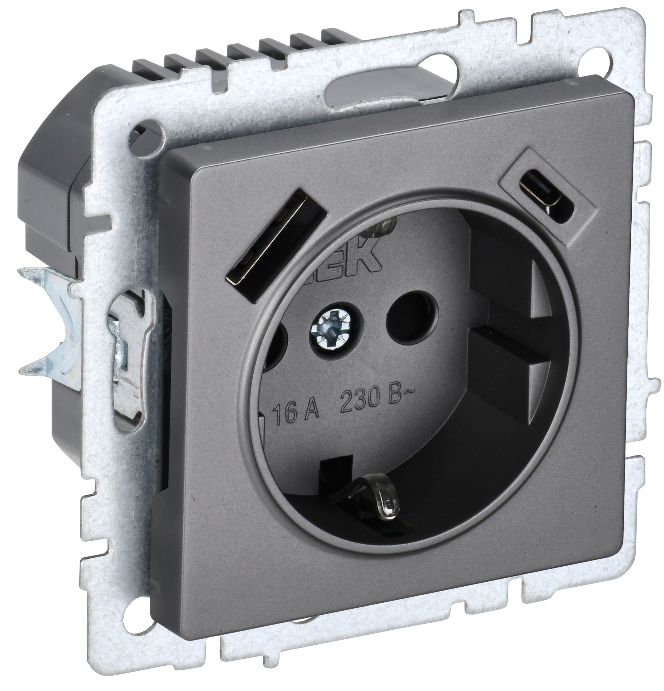 BRITE Розетка 1-местная с заземлением с защитными шторками 16А с USB A+C 18Вт РЮш11-1-БрС сталь IEK BR-R14-16-U22-018-K46