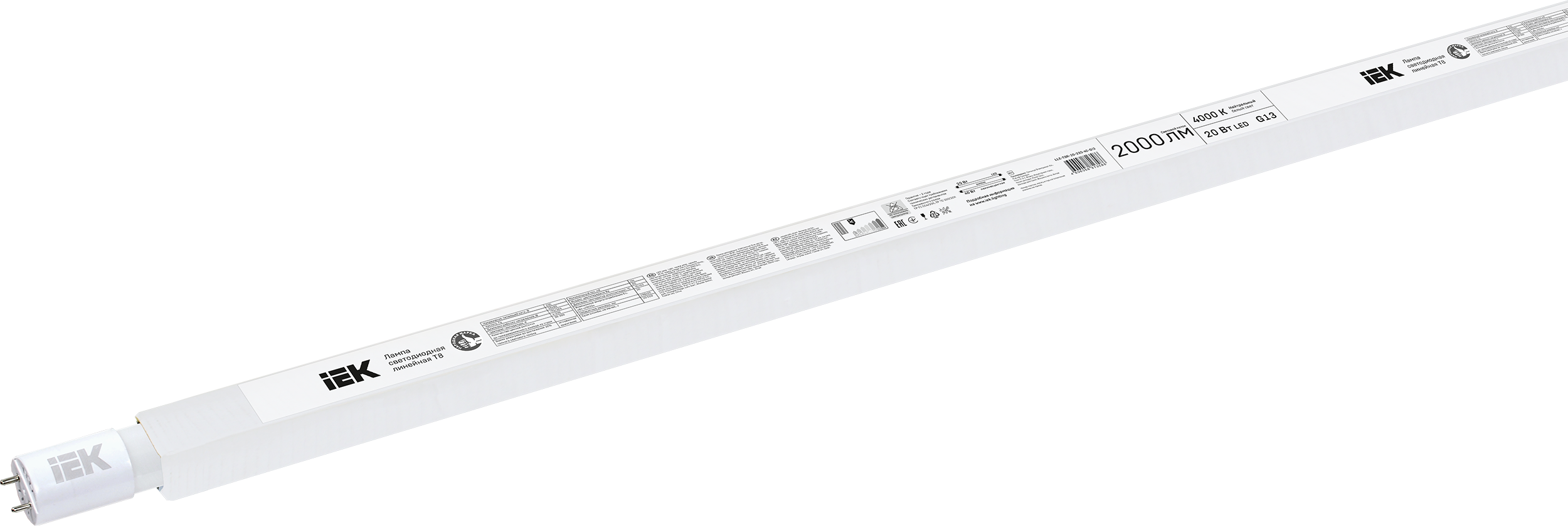 Лампа светодиодная T8 линейная 20Вт 2000Лм 230В 4000К 1200мм G13 IEK LLE-T8R-20-230-40-G13