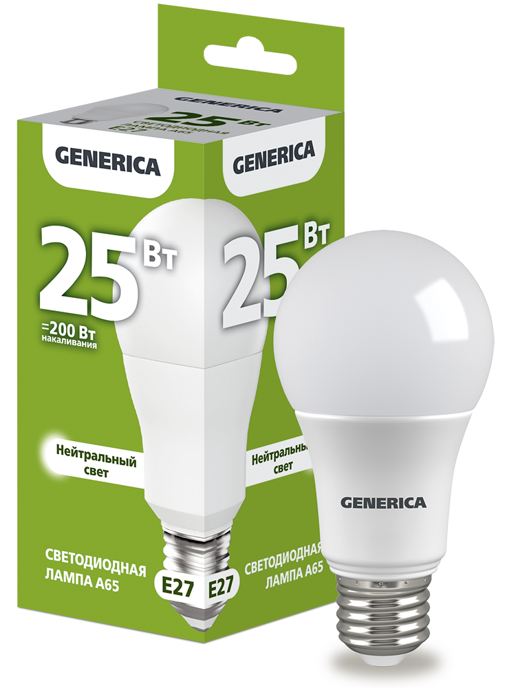 Лампа светодиодная A65 груша 25Вт 230В 4000К E27 GENERICA LL-A65-25-230-40-E27-G