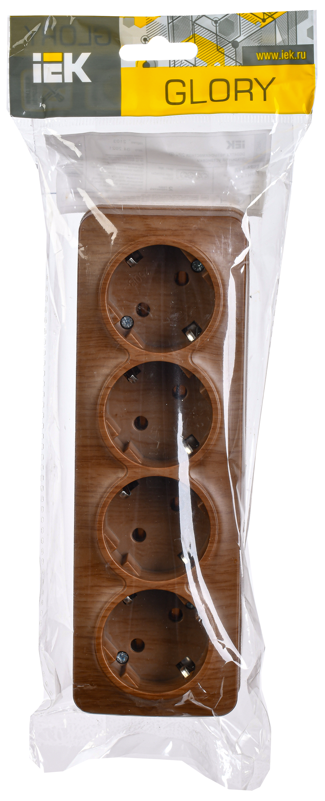 GLORY Розетка 4-местная для открытой установки с заземлением без защитных шторок 16А РС24-3-ХД дуб IEK - Фото 2