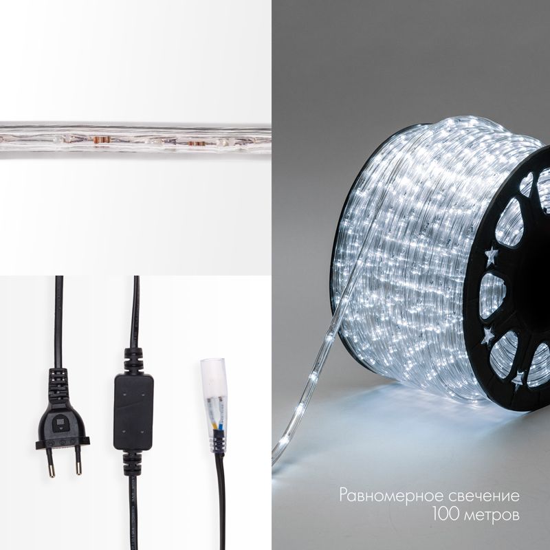 Дюралайт LED двухжильный 230В 10мм 24 LED/м БЕЛЫЙ постоянное свечение модуль 2м бухта 100м NEON-NIGHT - Фото 3