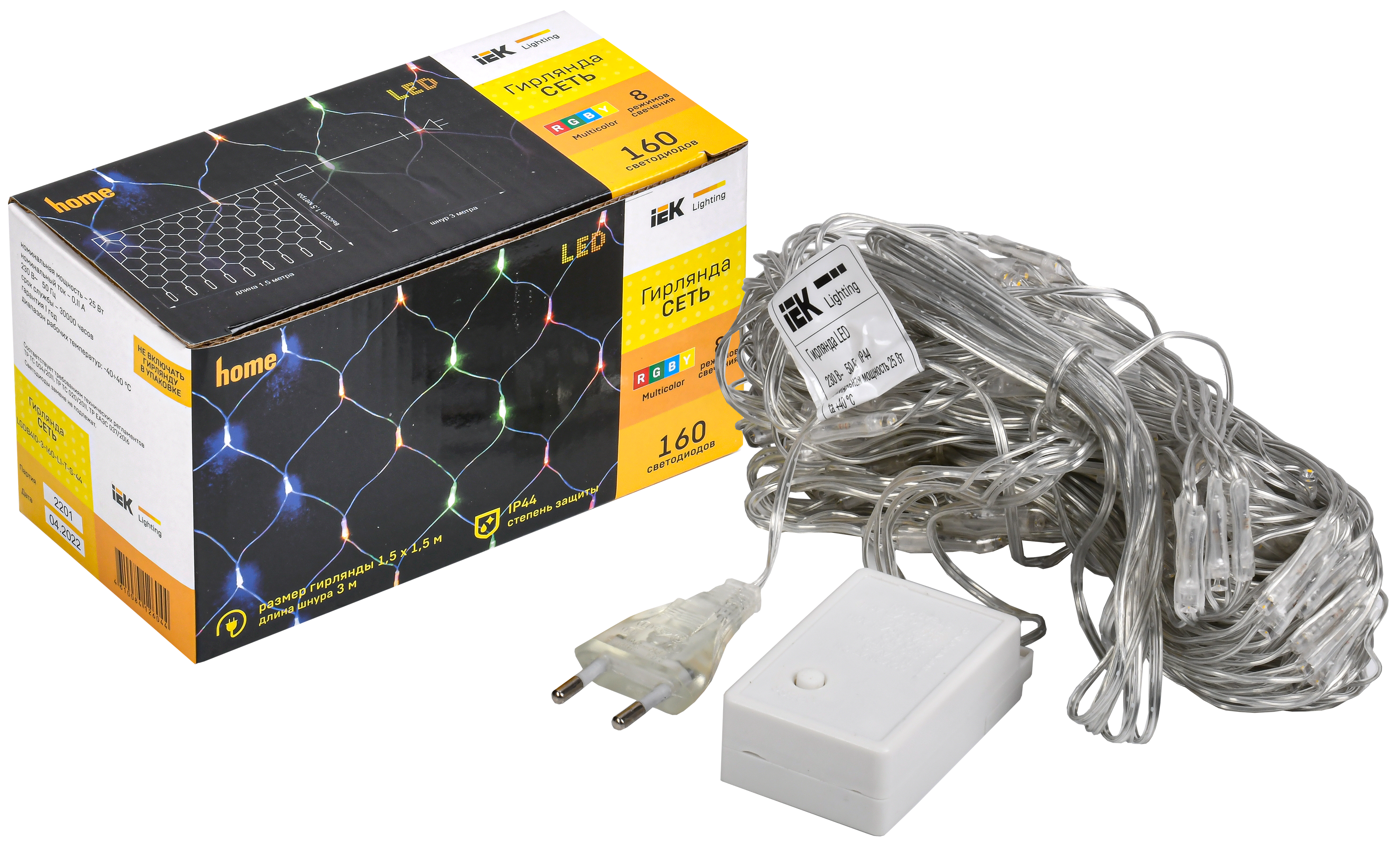 LIGHTING Гирлянда сеть 1,5х1,5м 160 светодиодов RGB IP20 прозрачный шнур 3м 230В контроллер 8 сцен IEK - Фото 2