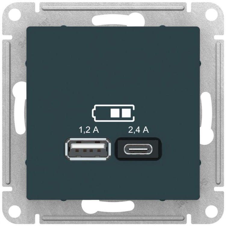 Розетка USB AtlasDesign тип A+C 5В/2.4А 2х5В/1.2А механизм изумруд SE ATN000839