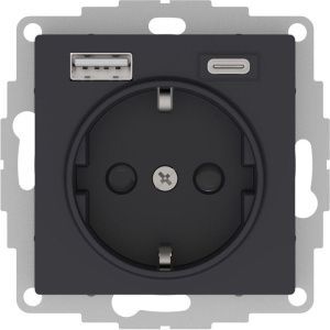 Розетка AtlasDesign 16А с 2-мя заряд. устройствами USB тип A+C 5В/2.4А 2х5В/1.2А механизм карбон SE ATN001032 1555363