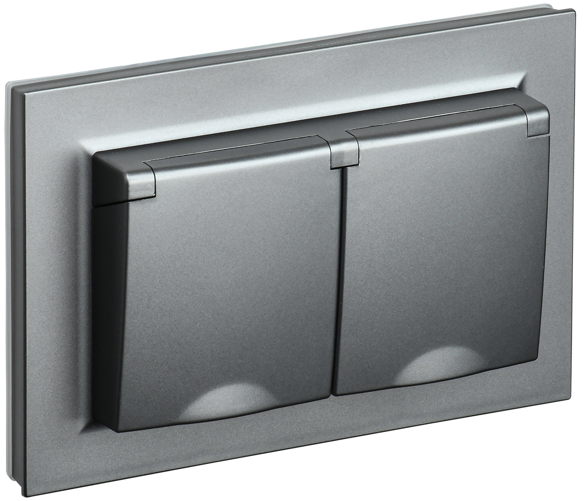 BRITE Розетка 2-местная с заземлением с защитными шторками и крышкой 16А в сборе IP44 РСбш12-3-44-БрС сталь IEK