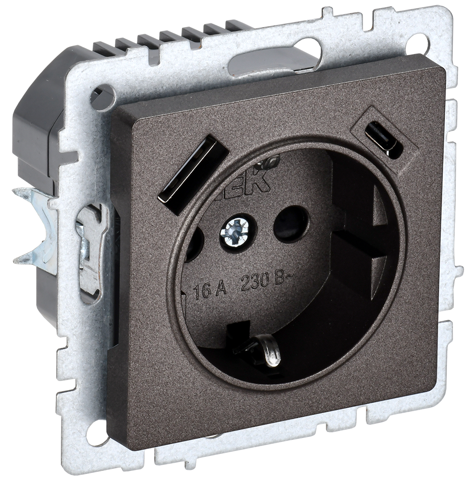 BRITE Розетка 1-местная с заземлением с защитными шторками 16А с USB A+C 18Вт РЮш11-1-БрТБ темная бронза IEK BR-R14-16-U22-018-K45