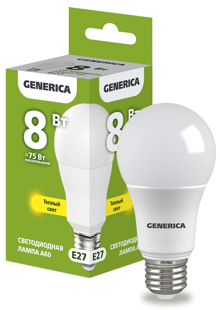 Лампа светодиодная A60 груша 8Вт 230В 3000К E27 GENERICA LL-A60-08-230-30-E27-G