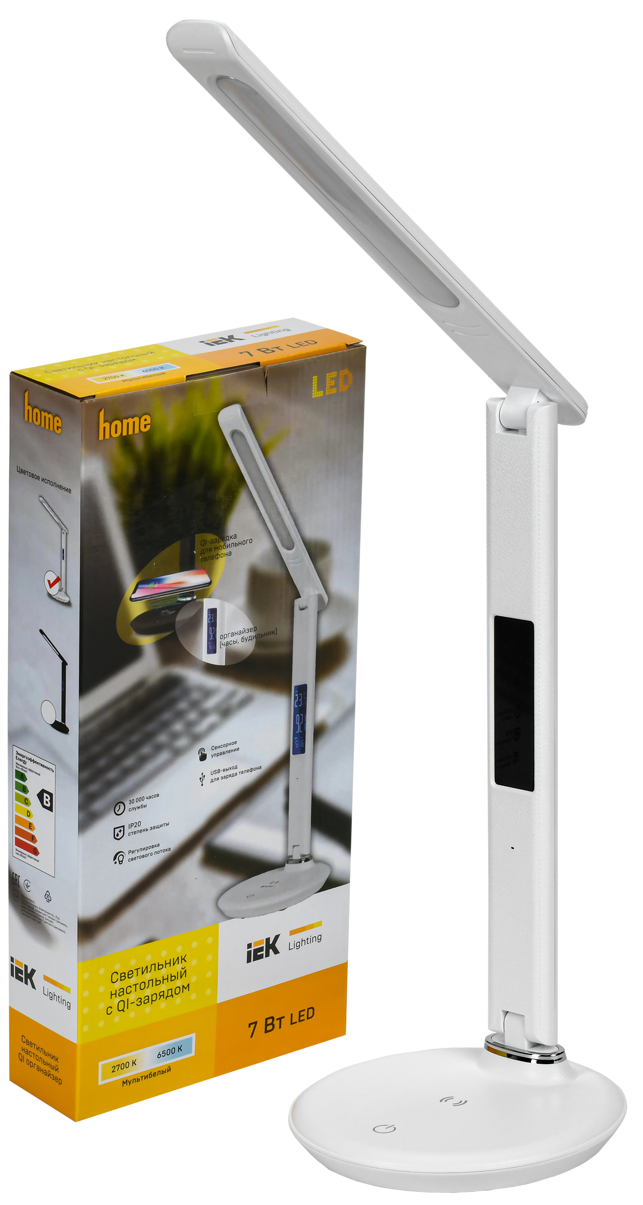 LIGHTING Светильник светодиодный настольный 2011 7Вт на подставке QI-заряд USB-выход кожа белый IEK - Фото 2