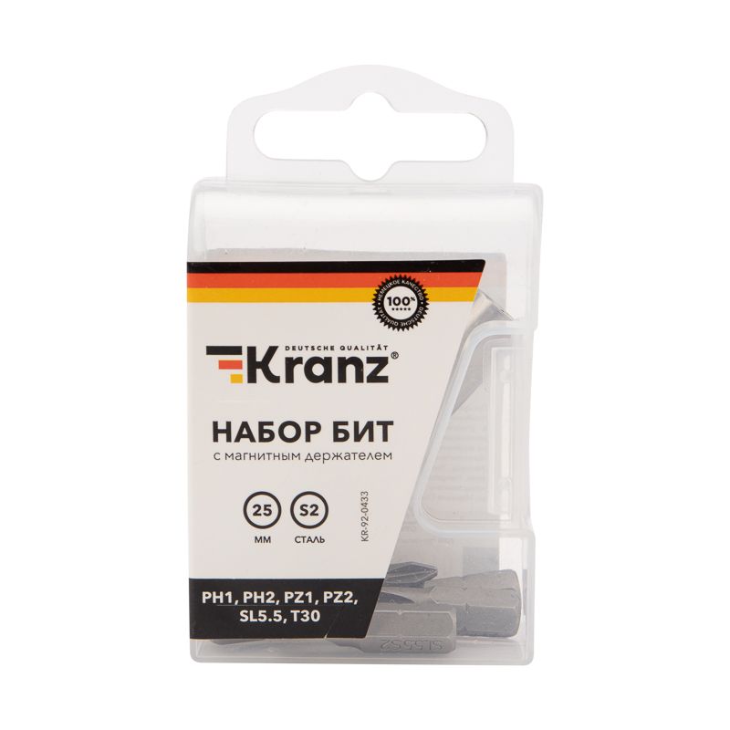 Набор бит 25 мм PH1, PH2, PZ1, PZ2, SL5.5, T30 с магнитным держателем (7 шт./уп.) Kranz - Фото 3