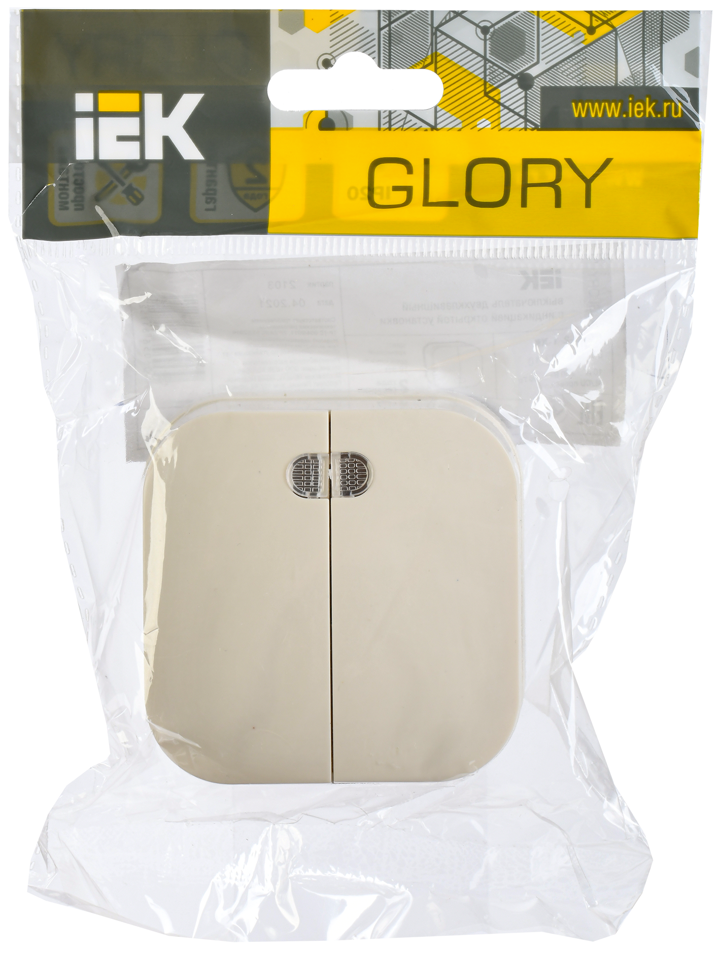 GLORY Выключатель 2-клавишный для открытой установки с индикацией 10А ВС20-2-1-ХК кремовый IEK - Фото 2