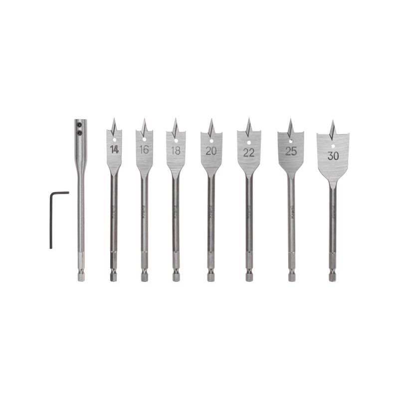 Набор сверл перовых по дереву 9 предметов: 14-16-18-20-22-25-30х152 мм, удлинитель, ключ угловой Kranz KR-91-0762