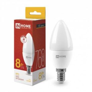 Лампа светодиодная LED-СВЕЧА-VC 8Вт свеча 3000К тепл. бел. E14 760лм 230В IN HOME 4690612020426 530173