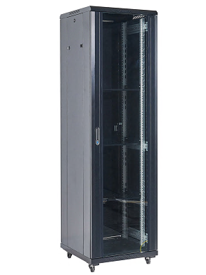 Напольный шкаф 19" 27U 600×600×1387 (ШxГxВ), дверь стекло, металлическая задняя дверь, боковые съемные стенки, RAL 9005 REXANT 04-2766-212