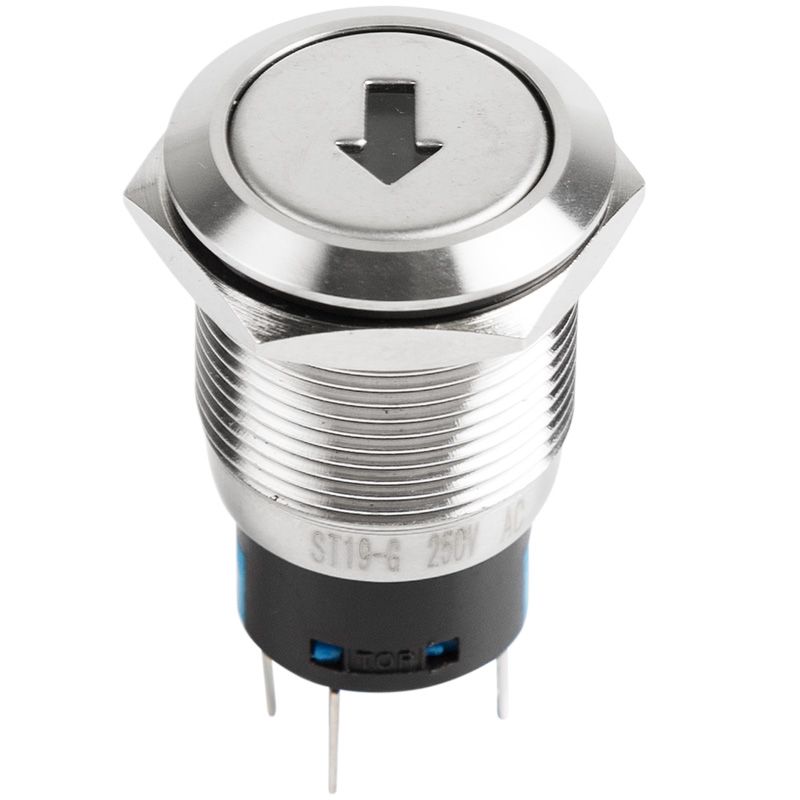 Кнопка  антивандальная Ø19 12В Б/Фикс (5с) (ON)-OFF/(OFF)-ON плоская подсв/зеленая СТРЕЛКА  REXANT 36-3454