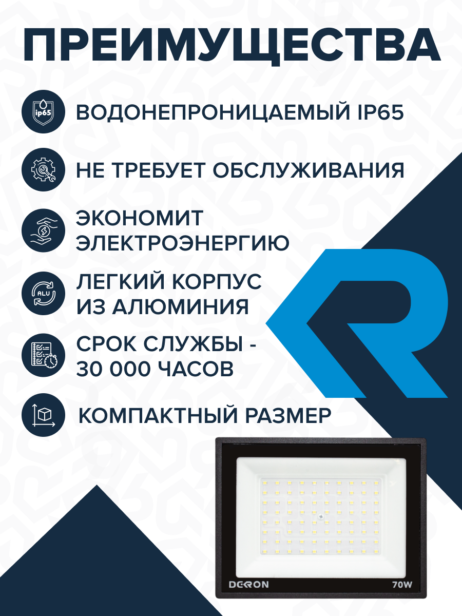 Прожектор светодиодный 70Вт, 5600лм, 6500K, черный, IP65  - Фото 7