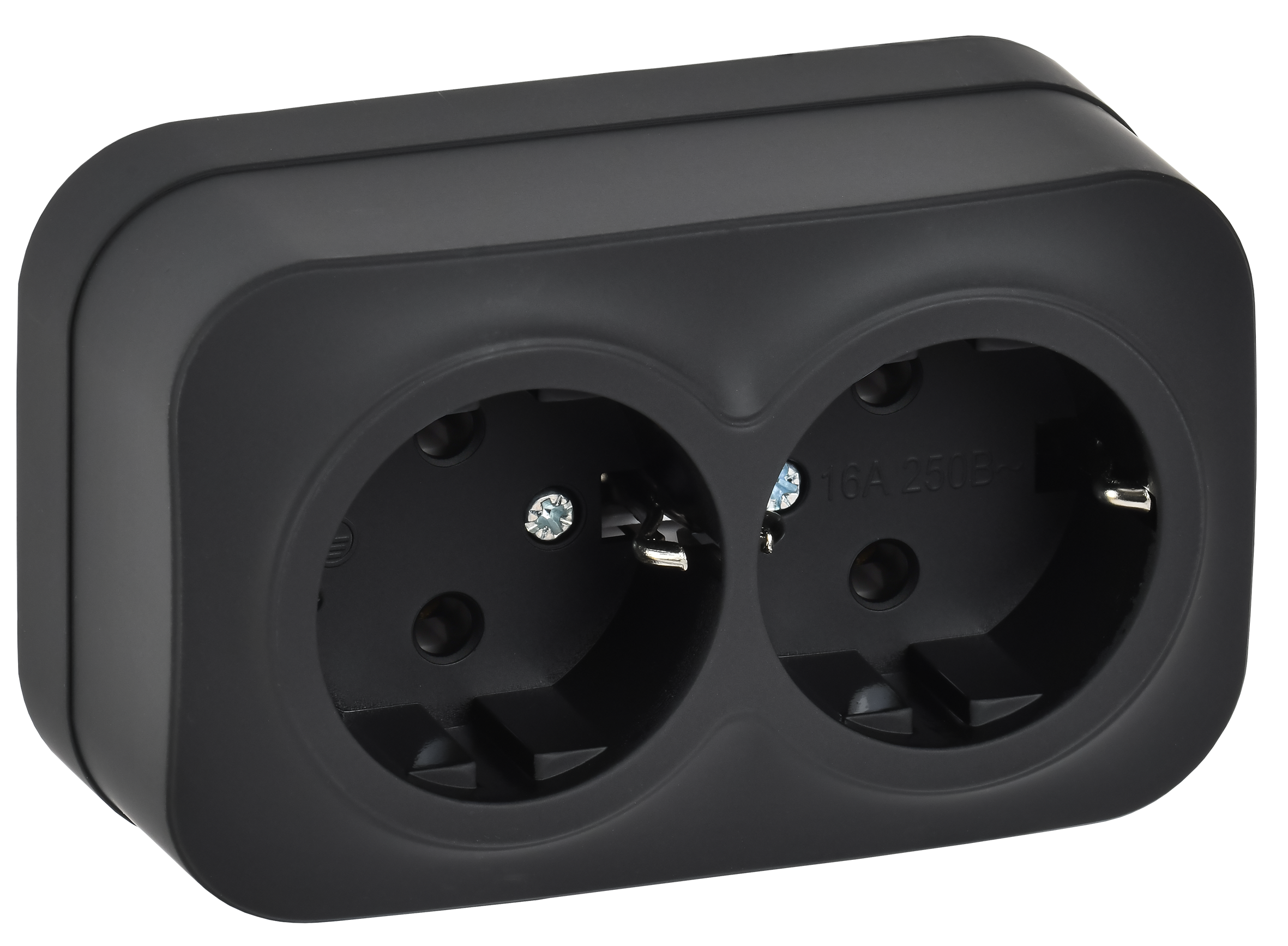 GLORY Розетка 2-местная для открытой установки с заземлением без защитных шторок 16А РС22-3-ХЧм черный матовый IEK ERH21-K02M-16