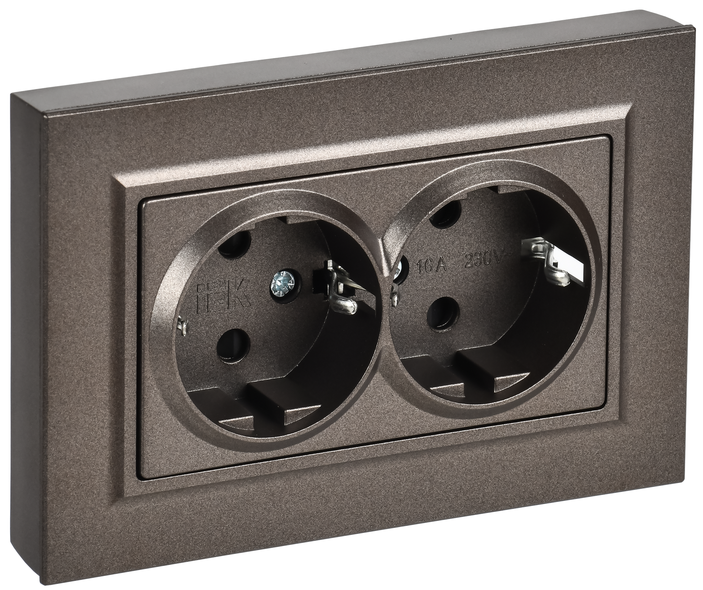 BRITE Розетка 2-местная с заземлением с защитными шторками плоская 16А в сборе РСшПл12-3-БрТБ темная бронза IEK BR-R28-16-K45-F