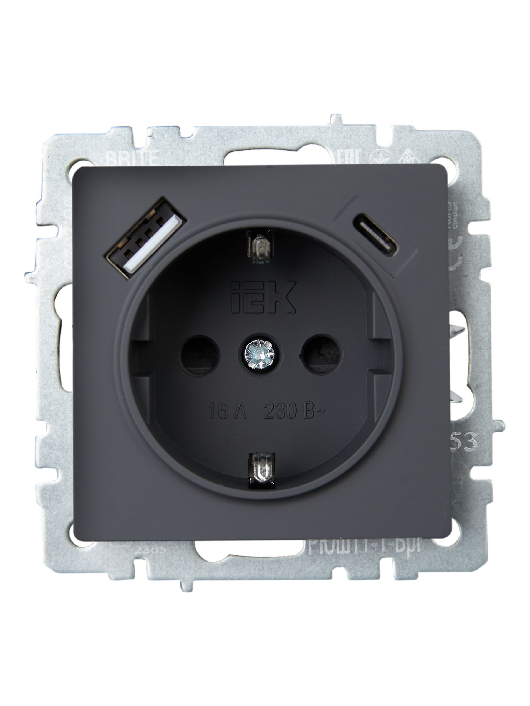 BRITE Розетка 1-местная с заземлением с защитными шторками 16А с USB A+C 18Вт РЮш11-1-БрГ графит IEK - Фото 2