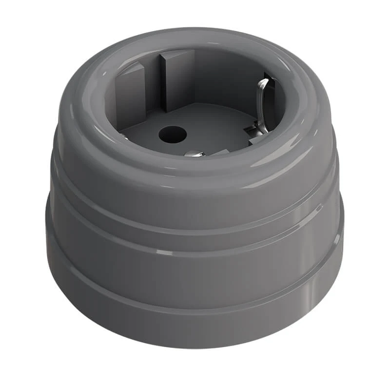 Розетка ретро пластиковая, двухполюсная, с заземляющим контактом, IP20, цвет - серый