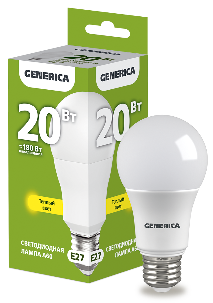 Лампа светодиодная A60 груша 20Вт 230В 3000К E27 GENERICA LL-A60-20-230-30-E27-G