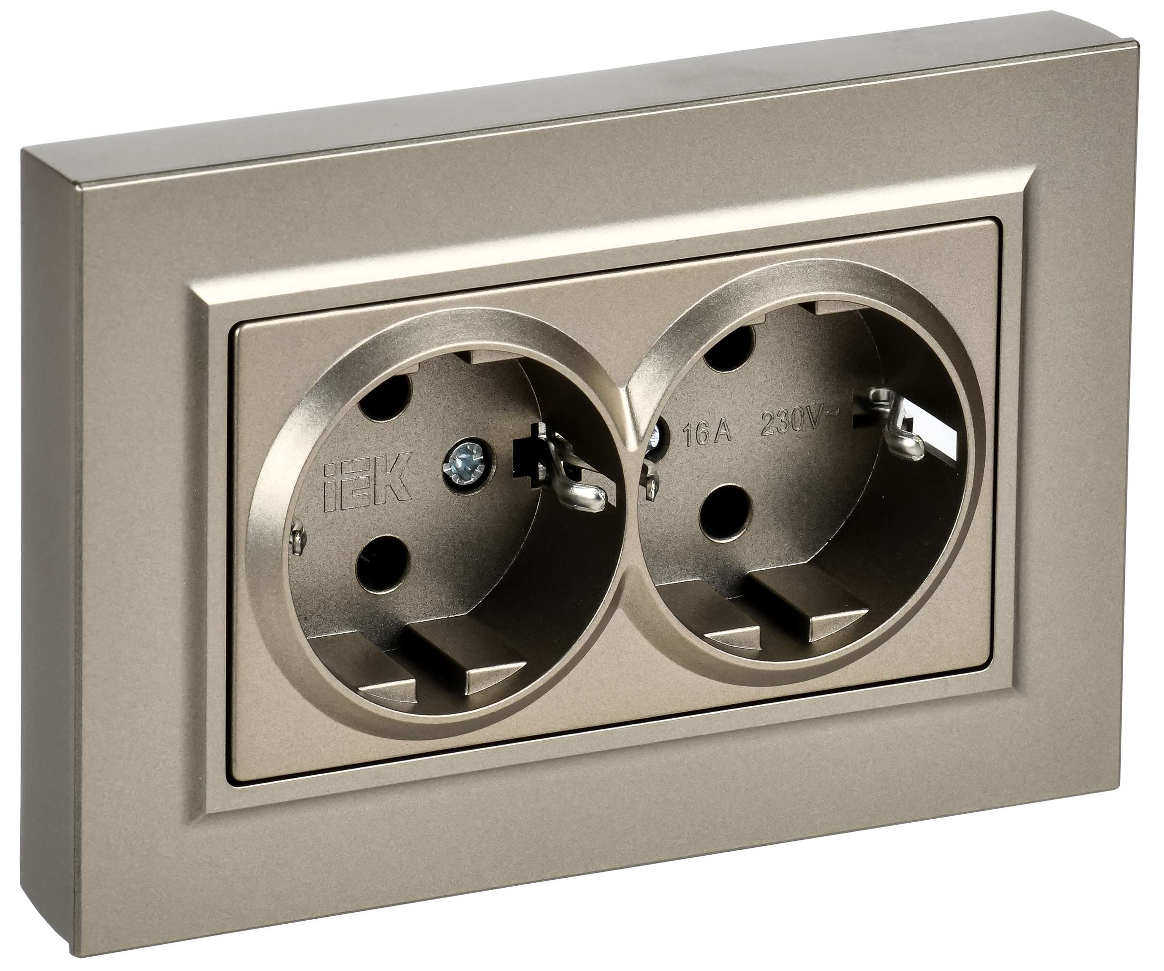 BRITE Розетка 2-местная с заземлением без защитных шторок плоская 16А в сборе РСПл12-3-БрШ шампань IEK BR-R27-16-K37-F