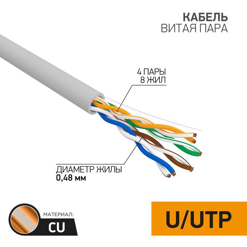 Кабель витая пара U/UTP, CAT 5e, PVC, 4PR, 24AWG, INDOOR, SOLID, серый, 305м PROconnect 01-0052
