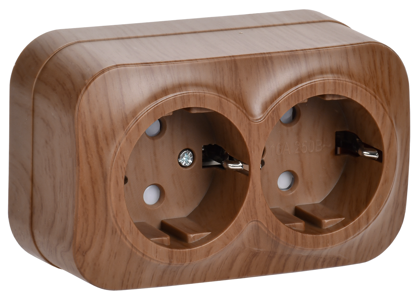 GLORY Розетка 2-местная для открытой установки с заземлением с защитными шторками 16А РСш22-3-ХД дуб IEK ERH24-K24-16