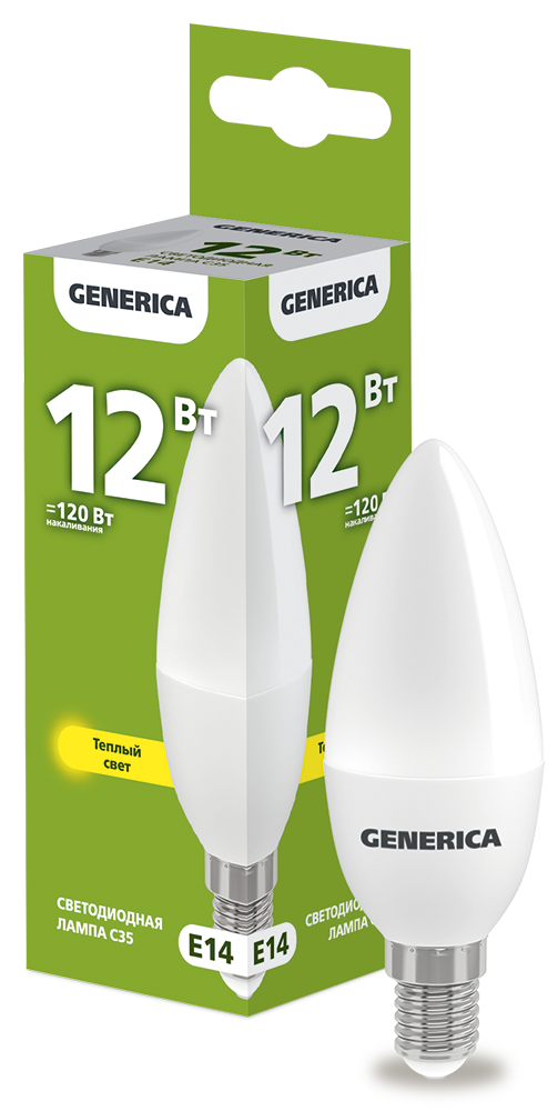 Лампа светодиодная C35 свеча 12Вт 230В 3000К E14 GENERICA LL-C35-12-230-30-E14-G
