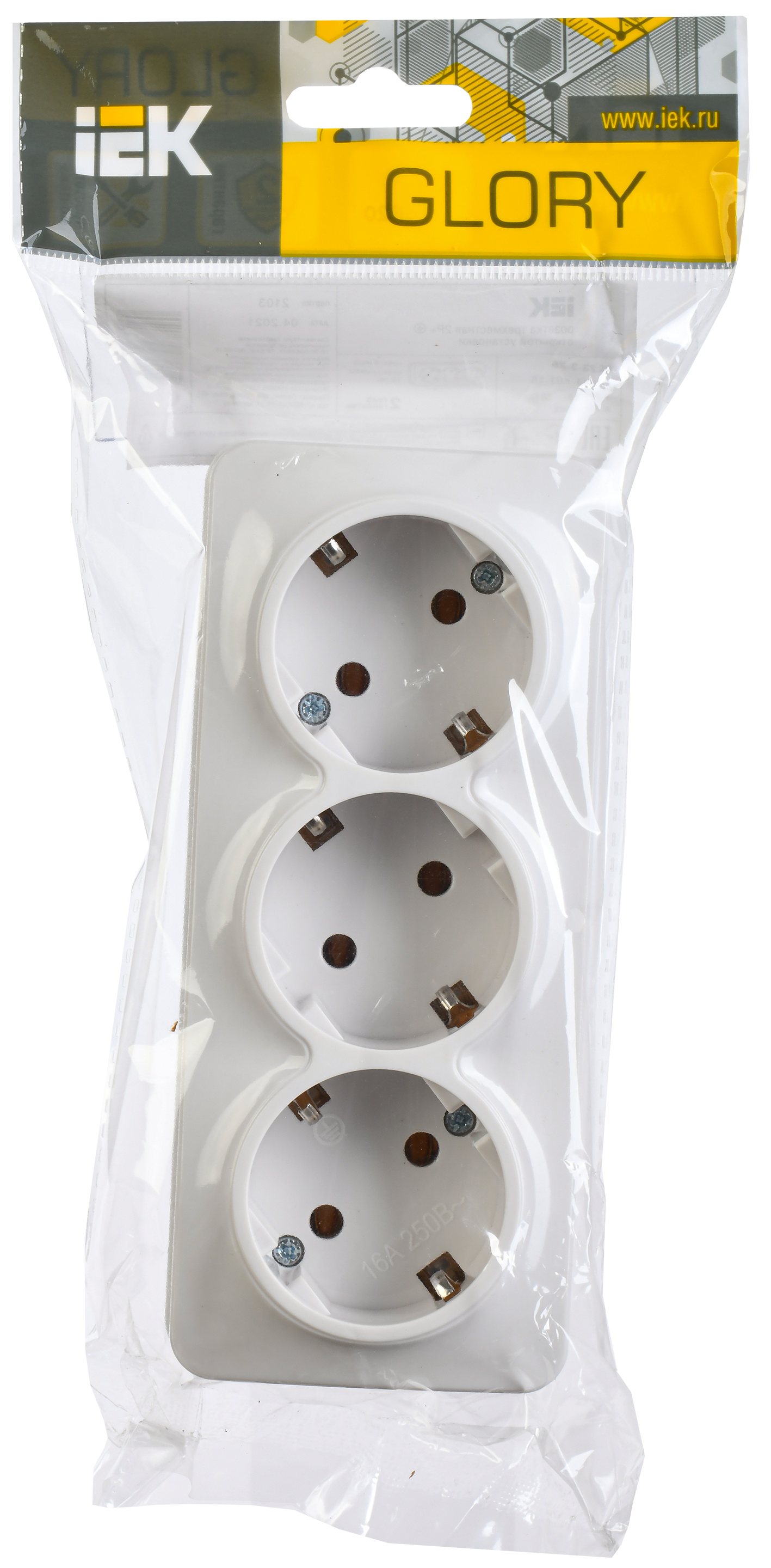 GLORY Розетка 3-местная для открытой установки с заземлением без защитных шторок 16А РС23-3-ХБ белый IEK - Фото 2