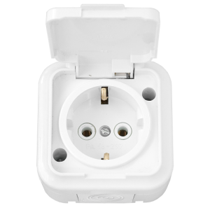 Розетка штепсельная с заземляющим контактом брызгозащищенная открытой установки РА16-297 8676BY