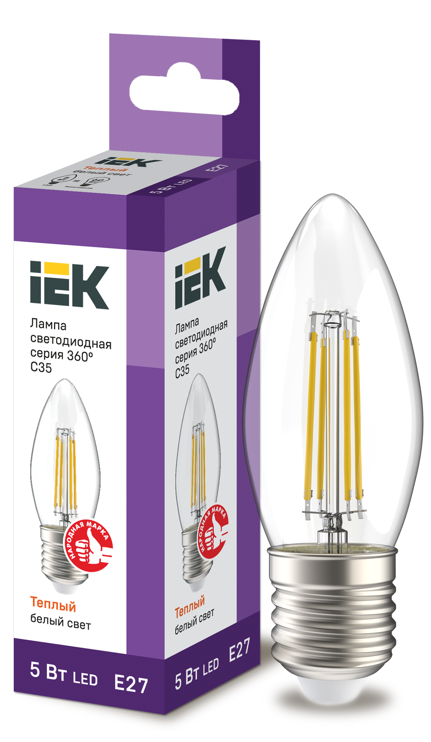 Лампа светодиодная C35 свеча прозрачная 5Вт 230В 3000К E27 серия 360° IEK LLF-C35-5-230-30-E27-CL