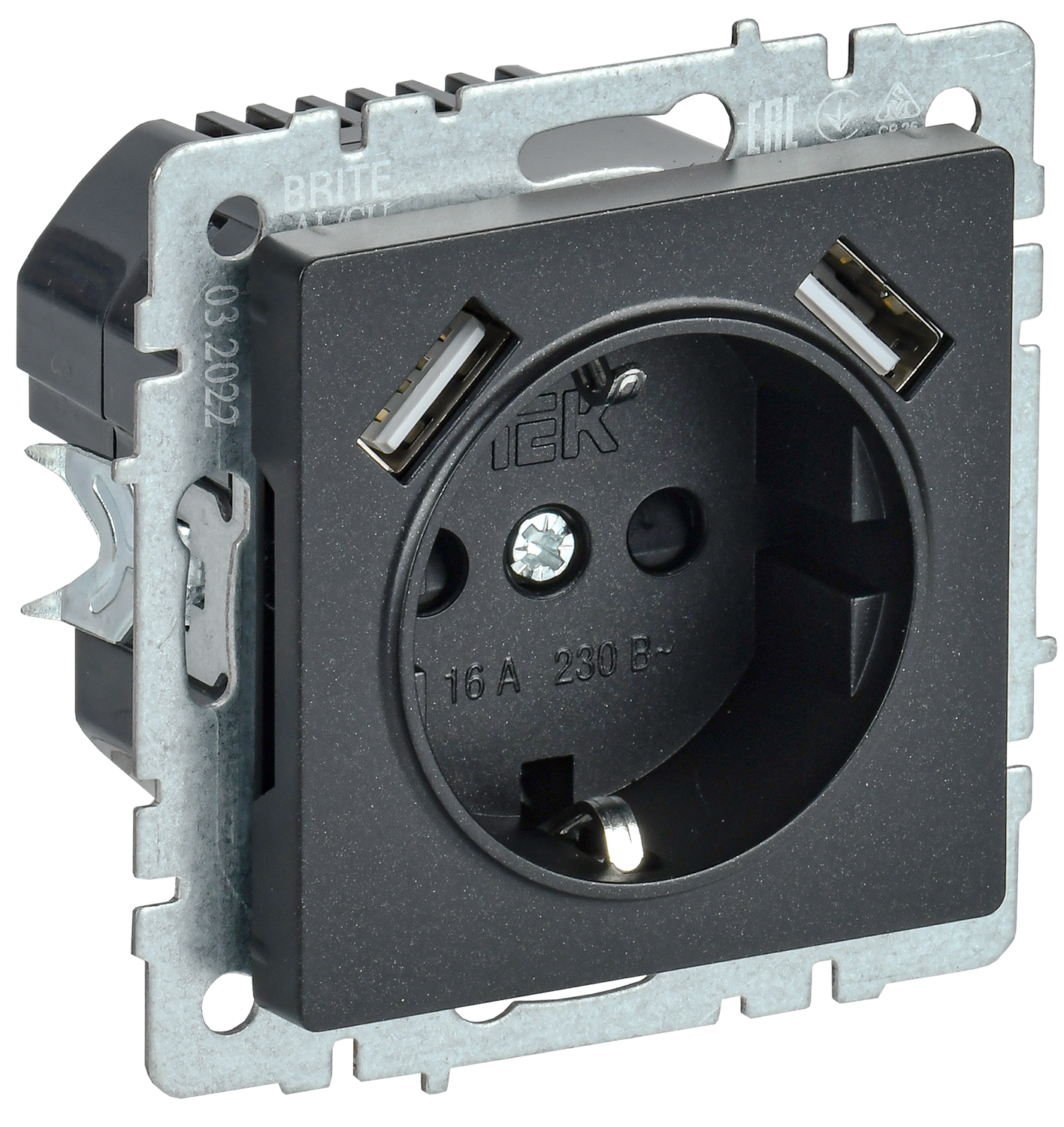 BRITE Розетка 1-местная с заземлением с защитными шторками 16А с USB A+A 5В 3,1А РЮш10-2-БрЧ черный IEK BR-R14-16-U21-D31-K02