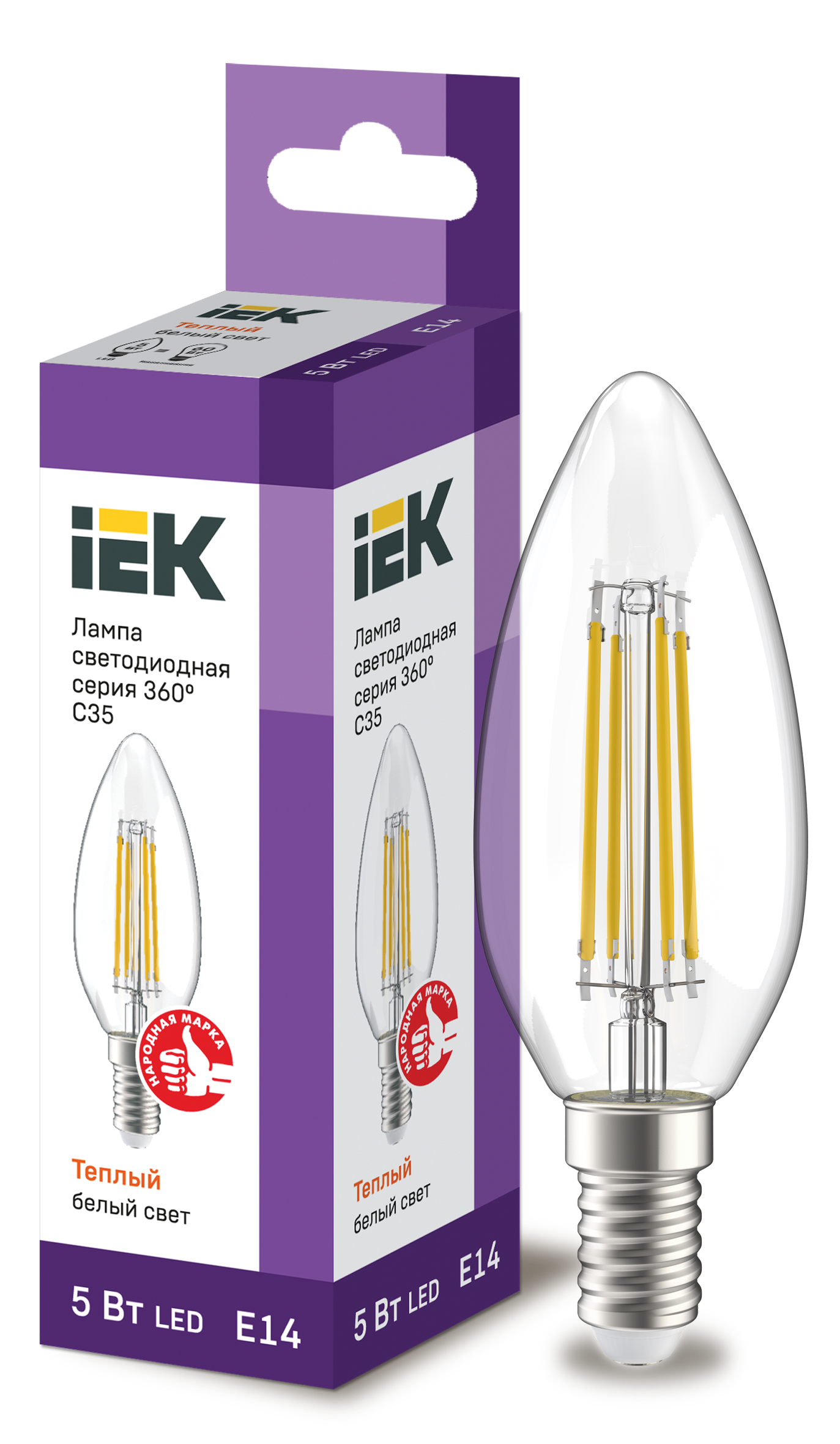 Лампа светодиодная C35 свеча прозрачная 5Вт 230В 3000К E14 серия 360° IEK LLF-C35-5-230-30-E14-CL